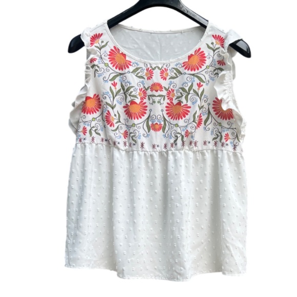 SHEIN Joress Curve Floral Embroidered Ruffled Sleeveless Top Swiss Dot Size 0XL - Picture 2 of 11